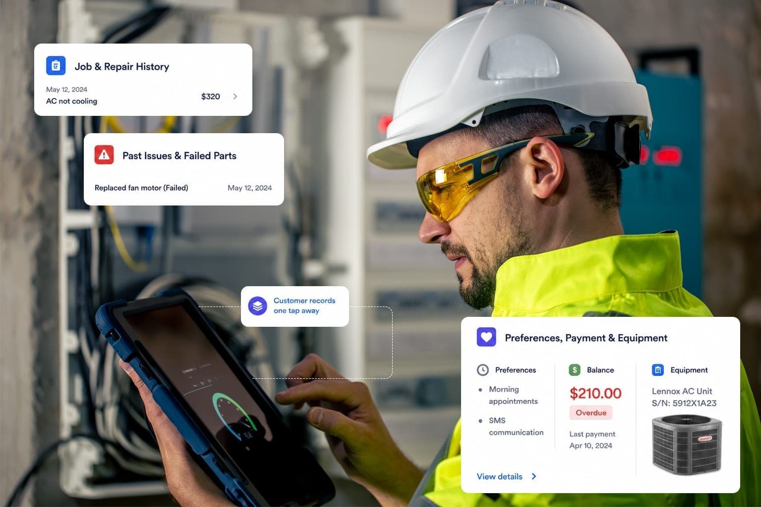 Field technician reviewing job history on mobile device
